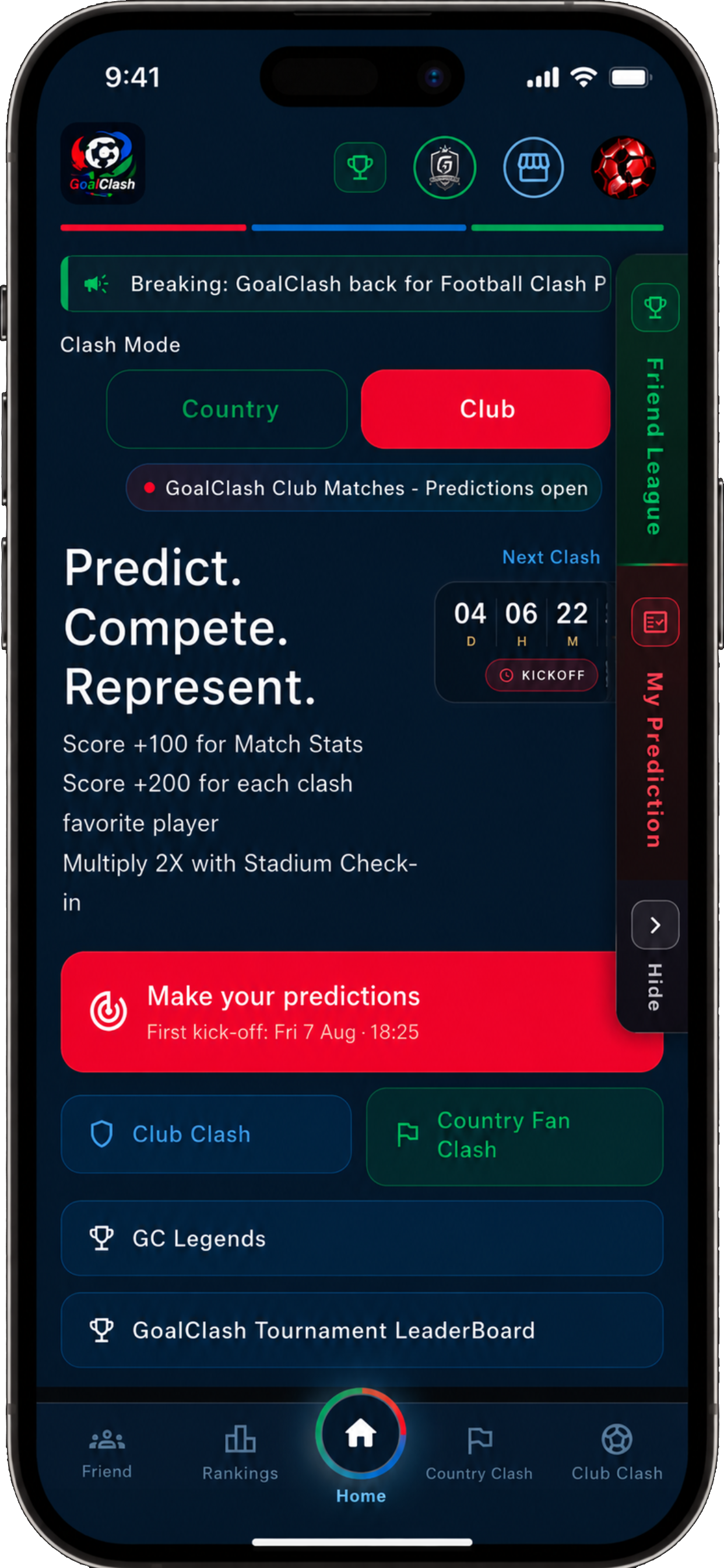 GoalClash home screen with Club Clash mode and kickoff countdown